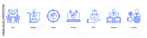 Business Deals and Suppliers web banner icon vector illustration featuring Deal, Supplier, Target, Product, Offer, Supplier, and Auction for corporate procurement and supply chain management.