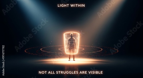 Mental Health Awareness Illustration Featuring Human Silhouette Protected By Glowing Shield Under Spotlights Representing Inner Strength Invisible Struggles Psychological Resilience And Hope Assets
