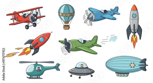 Assortment of vintage airplanes, modern helicopters, rockets, hot air balloons, and ufo illustrations for flight themes.