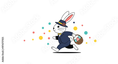Dapper white rabbit in a navy suit and hat running very quickly while carrying a basket of colorful easter eggs.