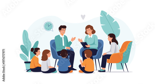 Group of children sitting in a circle listening to two adults during a therapy session or educational classroom activity.