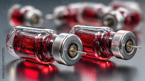 Course of injections of B vitamins. Ampoules with red liquid. Beauty and health concept