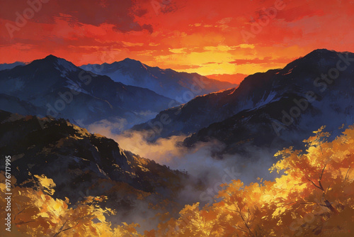 Majestic mountain range bathed in the warm glow of a vibrant sunset, with misty valleys and golden foliage below