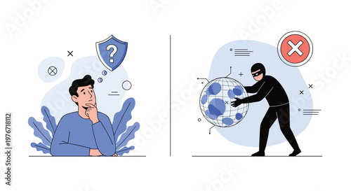 Comparison illustration showing a man thinking about cyber security versus a thief trying to steal data from a globe.