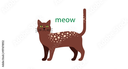 Stylized brown cat with light spots and a long tail standing under green meow text isolated on a white background.