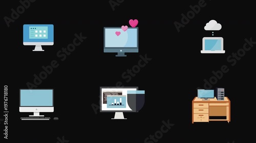 Desktop computer Icons Set animation transparent background