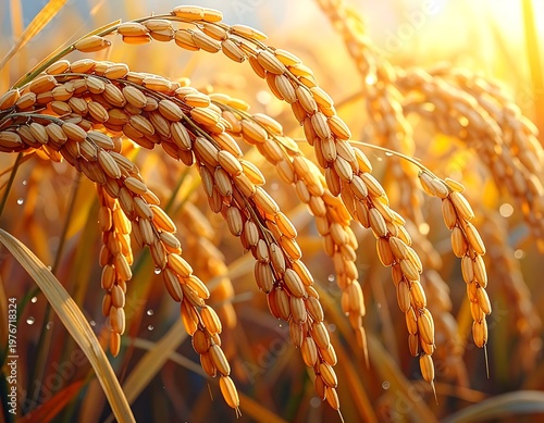 Close-up of golden rice grains, illuminated by the sun's warm light