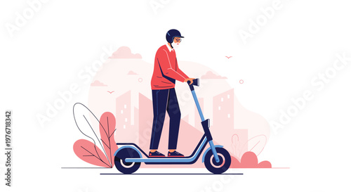 Older man wearing a helmet riding a modern blue electric scooter through a stylized pink city landscape at sunset.