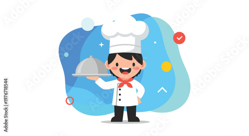 Smiling young chef character holding a silver cloche platter against a colorful abstract blue and orange background.