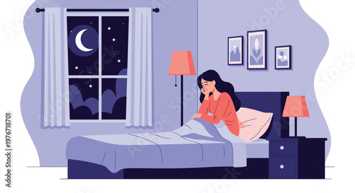 Woman sitting alone in bed at night looking sad or thoughtful with a view of the moon from her bedroom window.