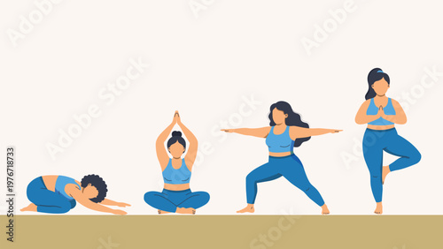 Four women demonstrating different yoga poses including child's pose, easy pose, warrior II, and tree pose, promoting health and wellness.
