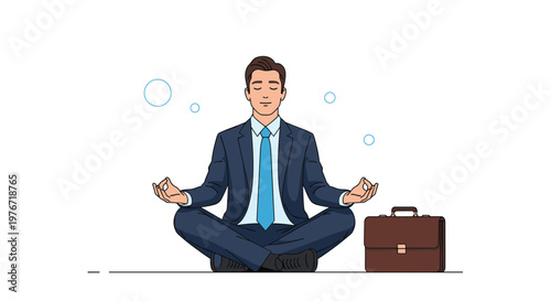 Relaxed businessman sitting in a lotus pose meditating to find balance and reduce stress next to his briefcase.