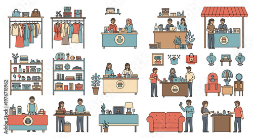 Comprehensive collection of various market stalls, street vendors, shops, and customer interactions illustrations.