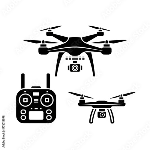 Drone and remote control vector illustration set, featuring black and white silhouette icons for aerial photography and quadcopter technology