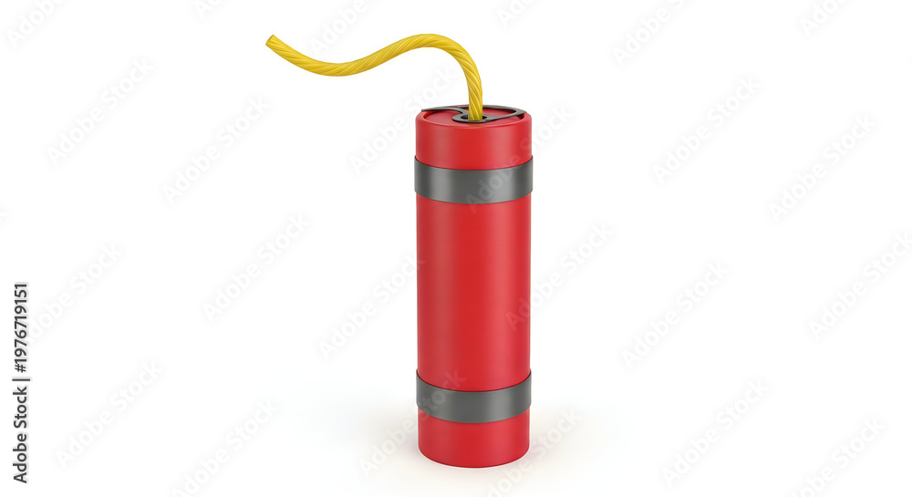Obraz premium A red and black toy bomb with a yellow fuse on a white background. isolated on white background