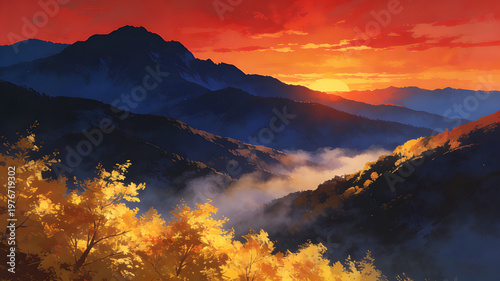 A vibrant illustration of majestic mountains at sunset, showcasing golden autumn foliage, misty valleys, and a breathtaking sky, evoking serenity and natural beauty