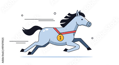 Fast grey horse gallops with speed across a plain while wearing a gold first place winner medal around its muscular neck.