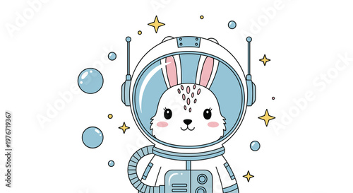 Adorable white rabbit wearing a detailed space suit and helmet floats among bubbles and shining stars in the cosmos.