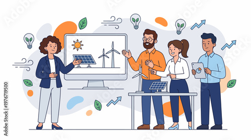 Group of business professionals presenting renewable energy concepts including solar panels and wind turbines for sustainable future environmental technology.