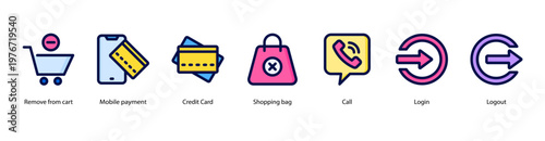 Online Transactions web banner illustration featuring Remove from Cart, Mobile Payment, Credit Card, Shopping Bag, Call, Login, and Logout.