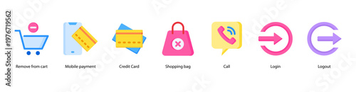 Online Transactions web banner illustration featuring Remove from Cart, Mobile Payment, Credit Card, Shopping Bag, Call, Login, and Logout.