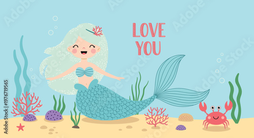 Beautiful mermaid with flowing light blue hair swims in a colorful underwater world with coral and a friendly crab.