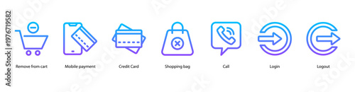 Online Transactions web banner illustration featuring Remove from Cart, Mobile Payment, Credit Card, Shopping Bag, Call, Login, and Logout.