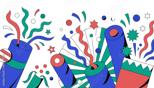 Flat Vector Illustration of Colorful Stylized Party Poppers with Decorative Festive Elements.eps