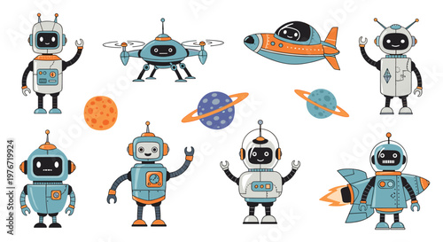Collection of friendly toy robots, spaceships, and planets designed in a playful and futuristic illustration style.