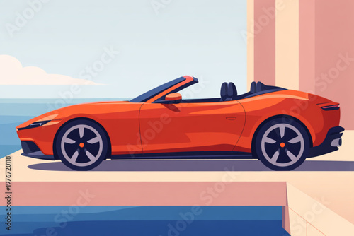 Bright orange convertible sports car parked elegantly on a flat platform near the calm water