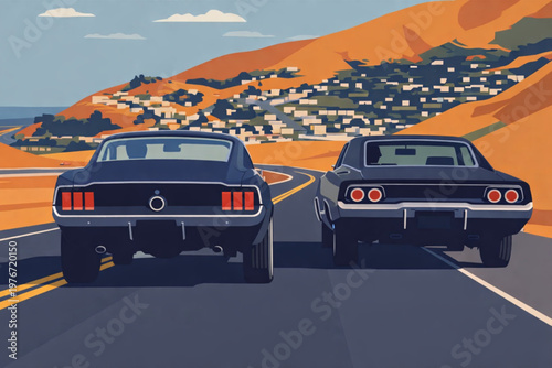 Two vintage muscle cars driving together on a desert highway during a sunny summer afternoon