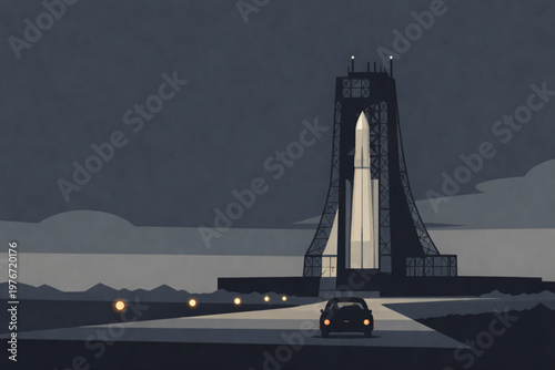 A powerful rocket stands ready for launch at a futuristic spaceport with a car approaching.