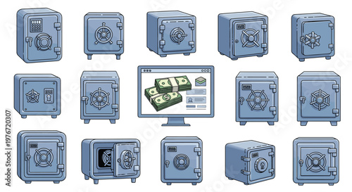 Large collection of metal safes and vaults surrounding a computer screen displaying piles of dollar banknotes.