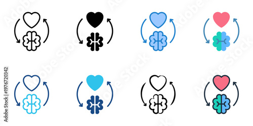 Heart brain icons set multiple style collection. Editable stroke 
