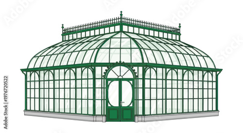 Greenhouse, glasshouse, botanical garden shed, green metal frame structure