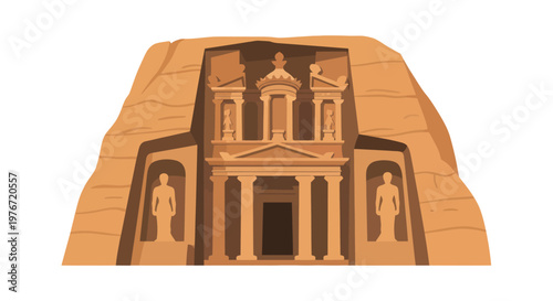 Ancient temple, Petra style monument, sandstone facade, vector illustration, architectural icon