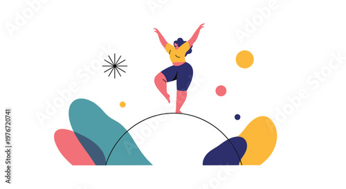 Young woman in athletic wear balancing on a tightrope high above abstract colorful shapes and geometric patterns.
