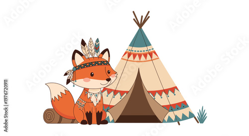 Cute little orange fox wearing a feathered headband sitting next to a traditional native american teepee tent.