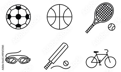Collection of essential sports equipment and athletic activity vector outline icons for various games and hobbies