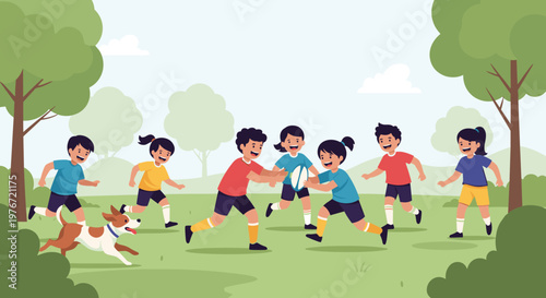Group of energetic young school children and a playful dog playing rugby together in a beautiful green sunny park.