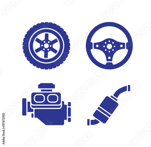 blue car parts icons including wheel steering wheel engine and exhaust pipe on white background