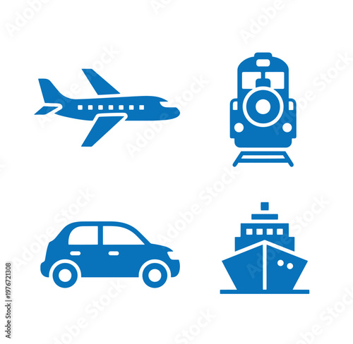 blue icons of airplane car train and boat for travel and transportation concepts