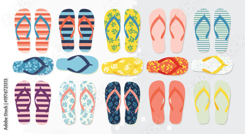 Large assortment of colorful summer flip flops with various patterns including stripes, leaves, and floral designs.