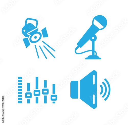 blue icons for audio equipment and recording studio tools and devices