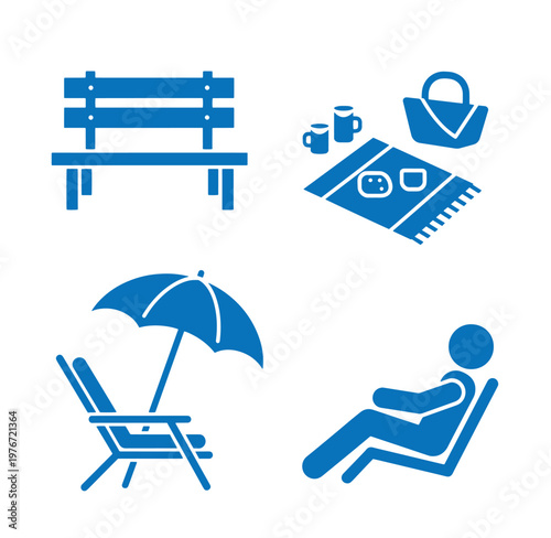 blue icons of beach items and a person relaxing on a chair