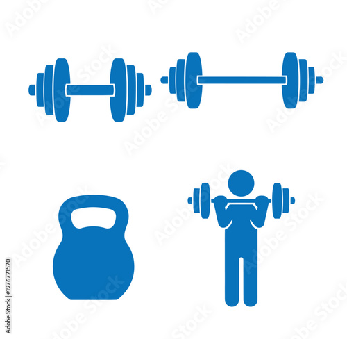 blue icons of dumbbells kettlebell and person lifting weights for fitness and exercise