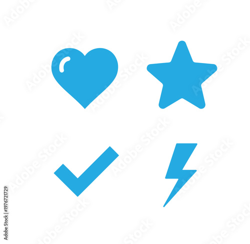 blue icons of heart star checkmark and lightning bolt on white background