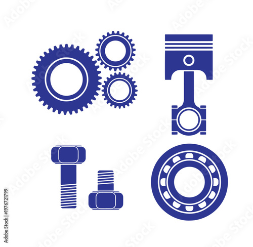 blue icons of mechanical parts including gears bolts and bearings on white background
