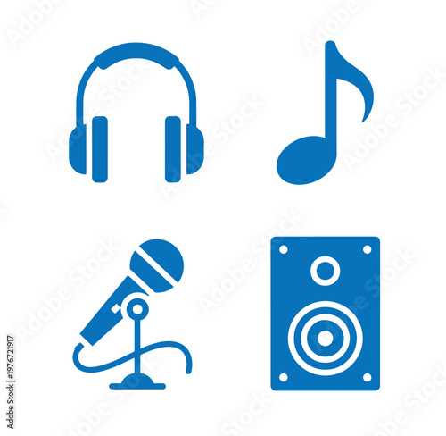 Blue music icons including headphones microphone speaker and note on white background