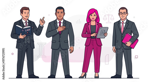 Diverse Professional Legal Team and Lawyers Illustration: Corporate Attorney Group with Law Book, Tablet, and Justice Icons for Law Firm Branding